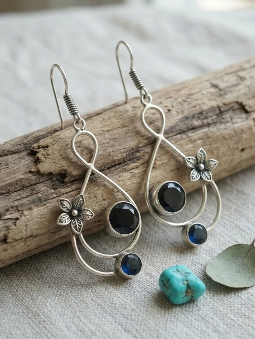 925 Sterling Silver Blue Tanzanite Floral Teardrop Dangle Earrings Boho 2.7